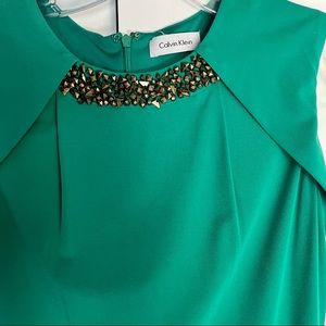 Calvin Klein green sleeveless dress with gold beaded neck Size P
